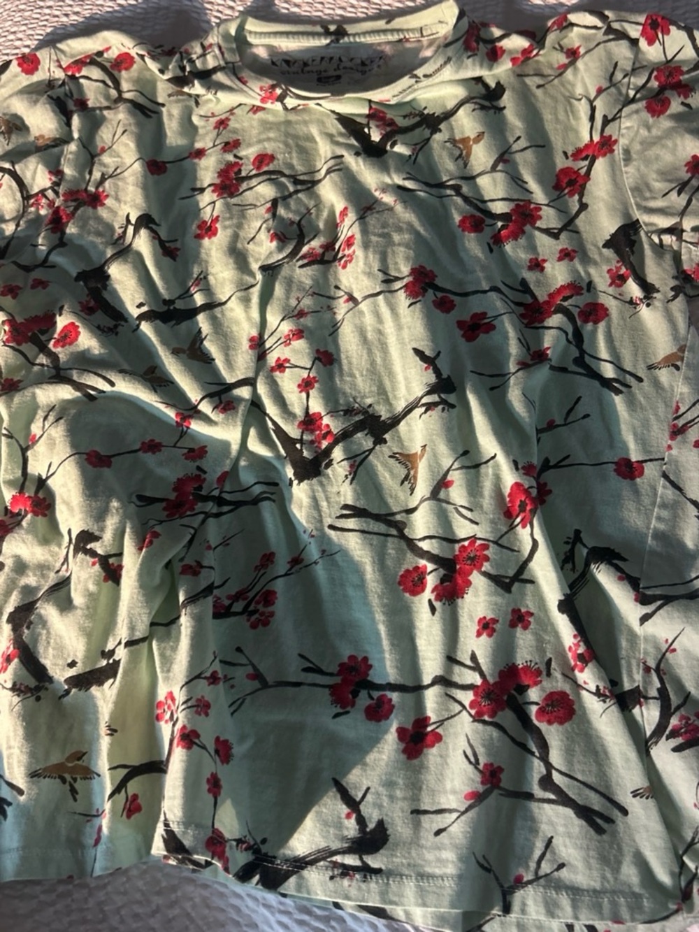 Men's Mint Floral & Bird Short Sleeve Tee - Red Accent